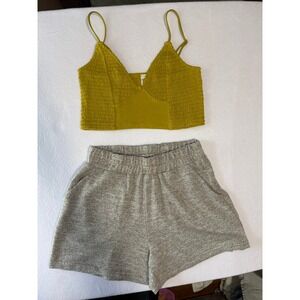 Zenana Mustard Smocked Crop Top & Heathered Knit Lounge Shorts Set Small S